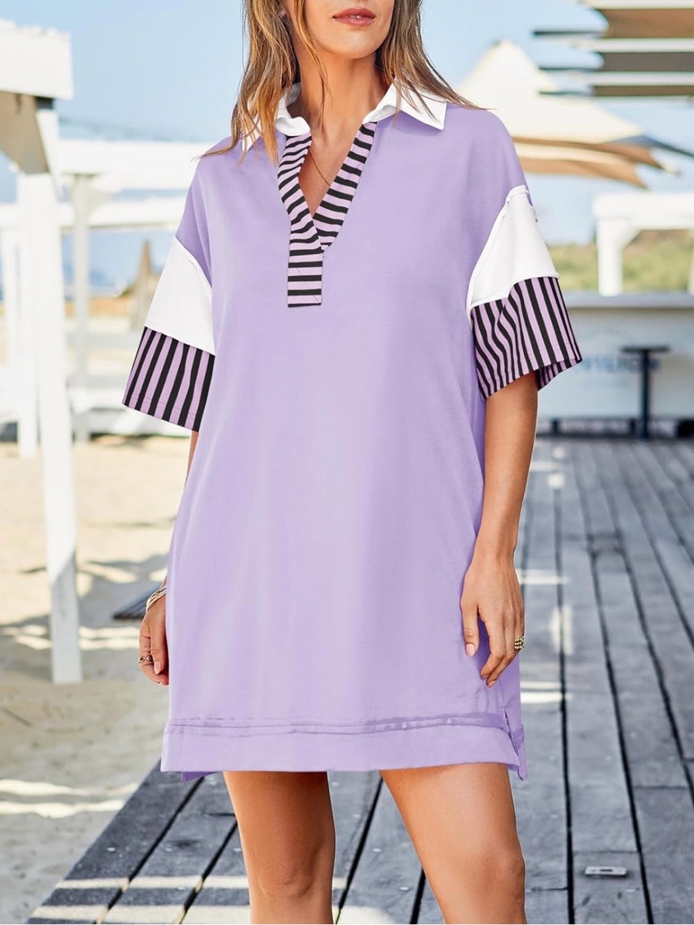 Women's Lilac Polo Dress with Contrasting Striped Trim